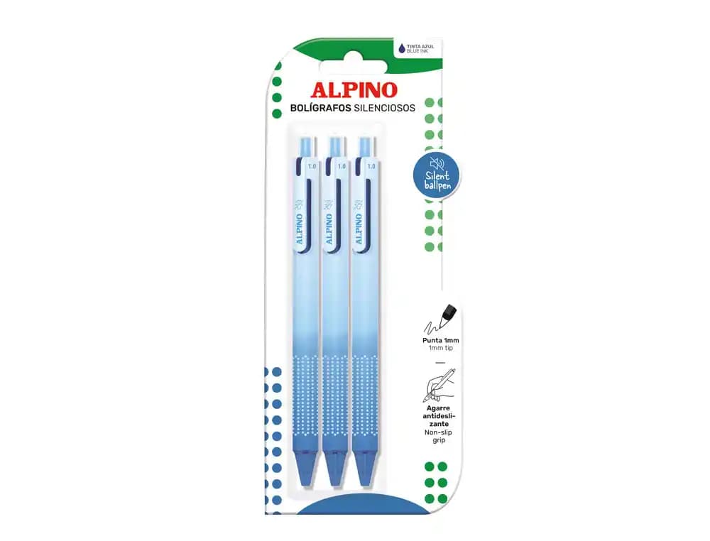 Alpino Boligrafo alpino silencioso agarre antideslizante tinta azul punta 1 mm blister de 3 unidades