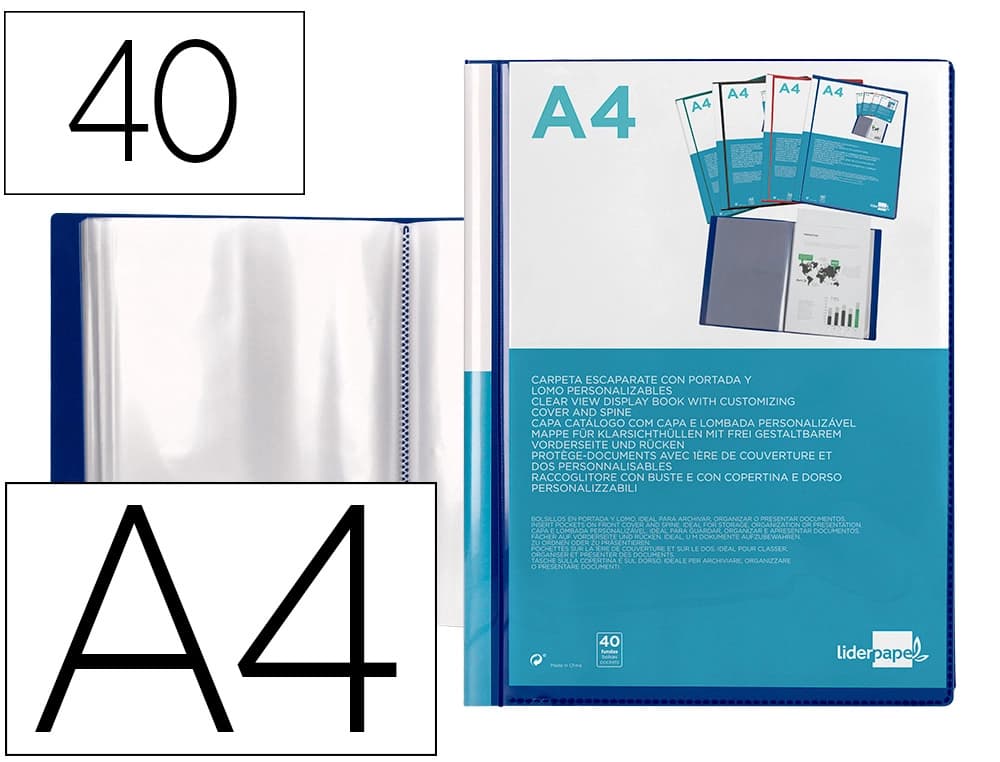Liderpapel Carpeta liderpapel personaliza 37732 40 fundas canguro polipropileno din a4 azul portada y lomo personalizable