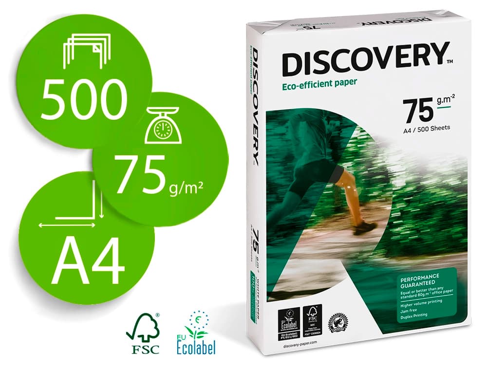 Discovery Papel fotocopiadora discovery din a4 75 gramos papel multiuso ink-jet y laser paquete de 500 hojas