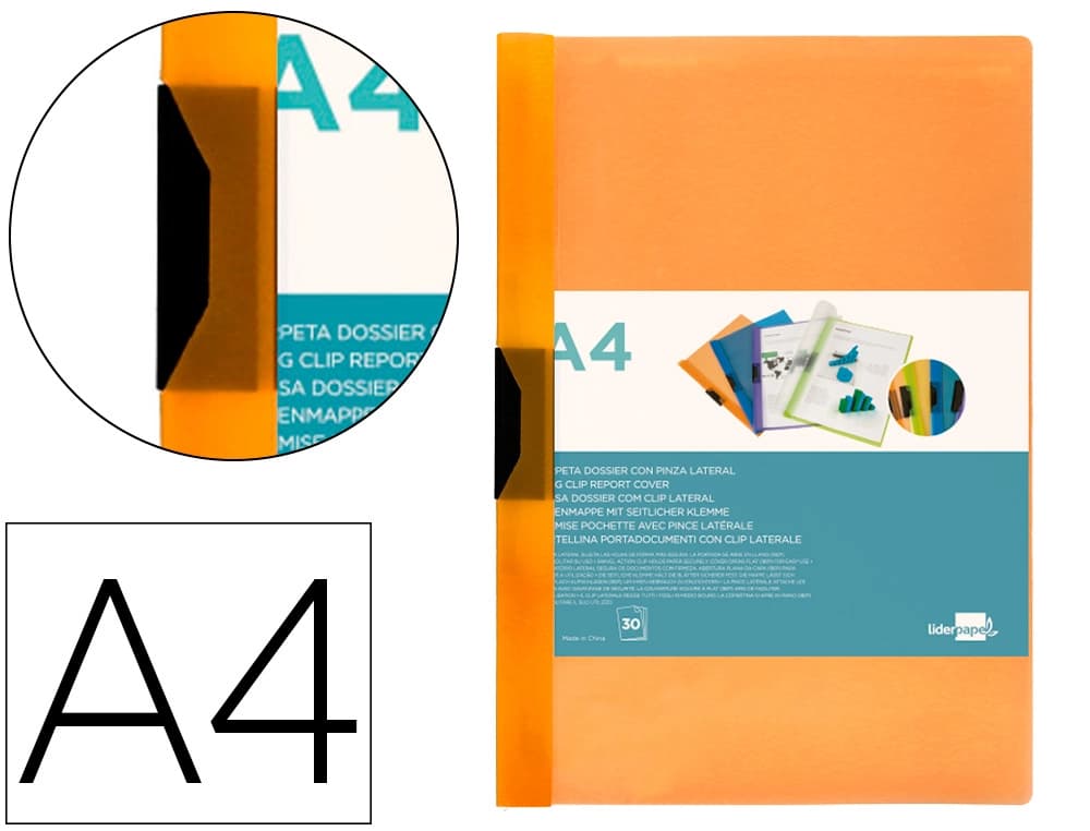Liderpapel Carpeta liderpapel dossier pinza lateral 45301 polipropileno din a4 naranja 30 hojas pinza deslizante