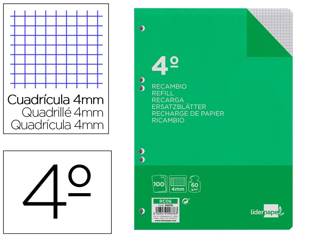 Liderpapel Recambio liderpapel cuarto 100 hojas 60gr cuadro 4mm con margen 6 taladros