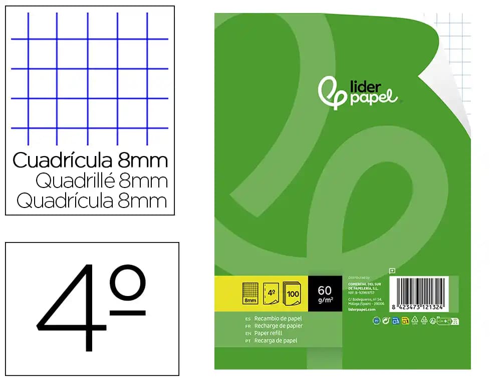 Liderpapel Recambio liderpapel cuarto 100 hojas 60gr cuadro 8mm con margen 6 taladros