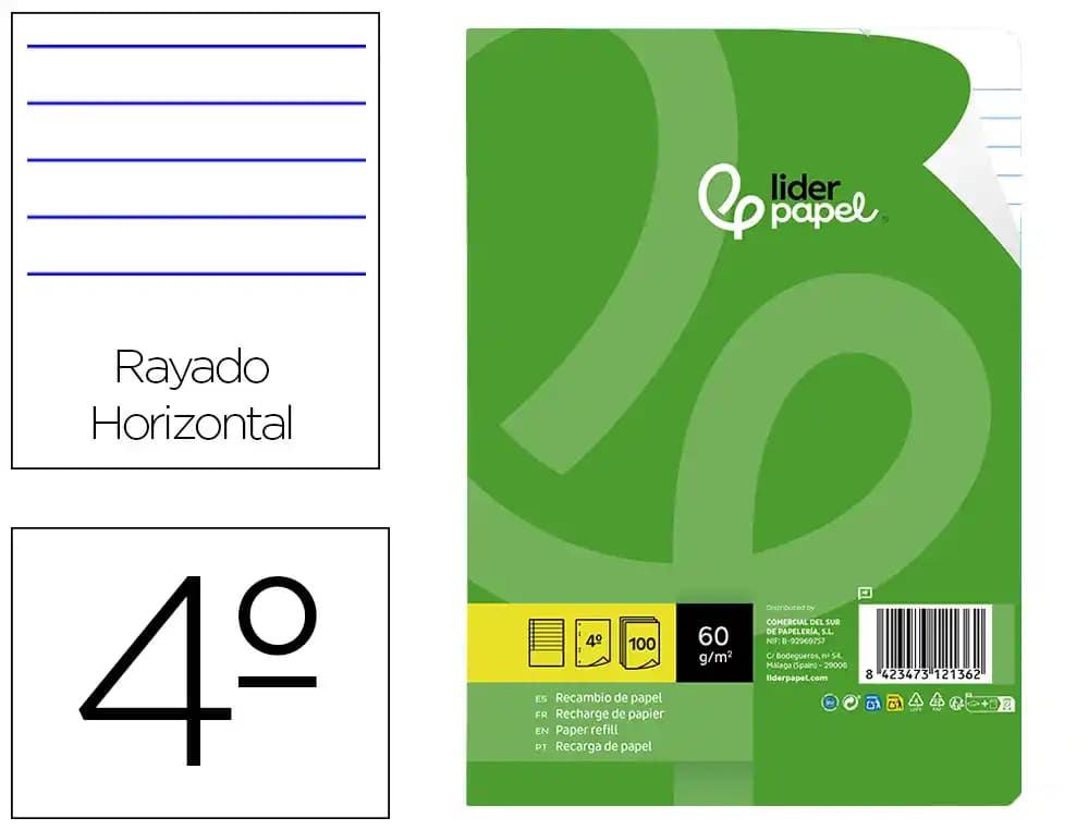 Liderpapel Recambio liderpapel cuarto 100 hojas 60gr horizontal con margen 6 taladros