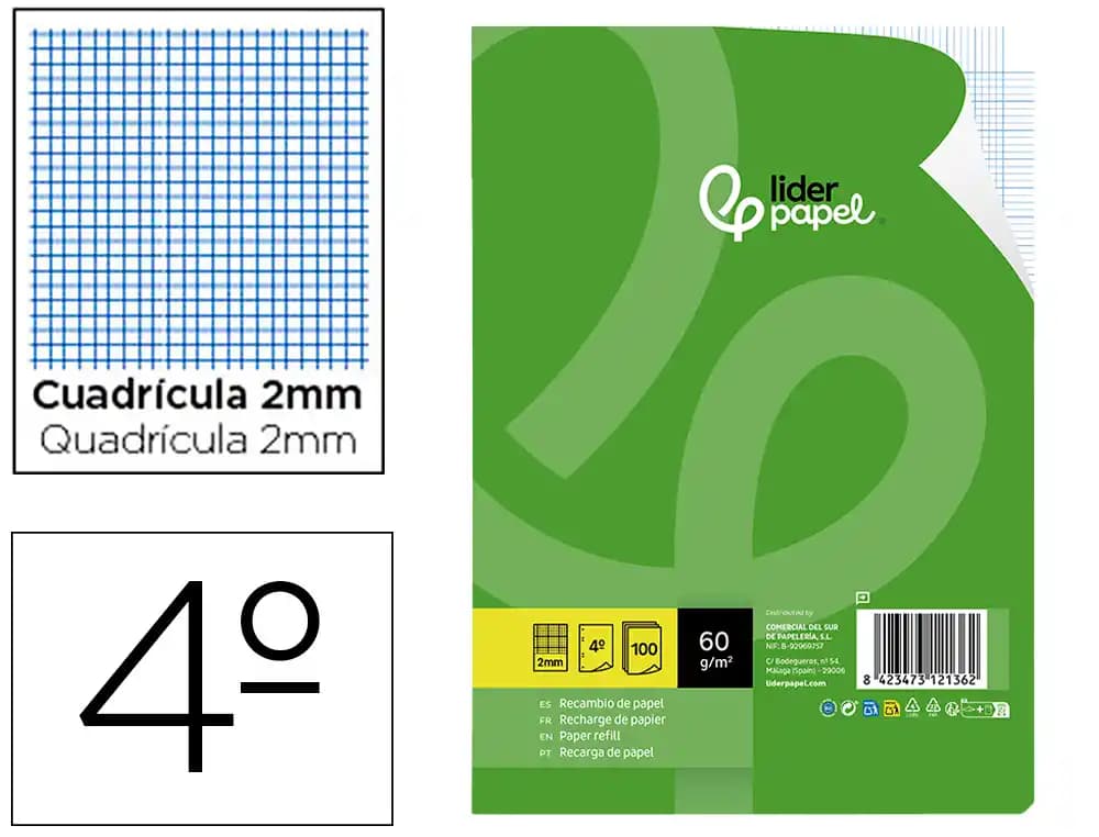 Liderpapel Recambio liderpapel cuarto 100 hojas 60gr milimetrado sin margen 6 taladros