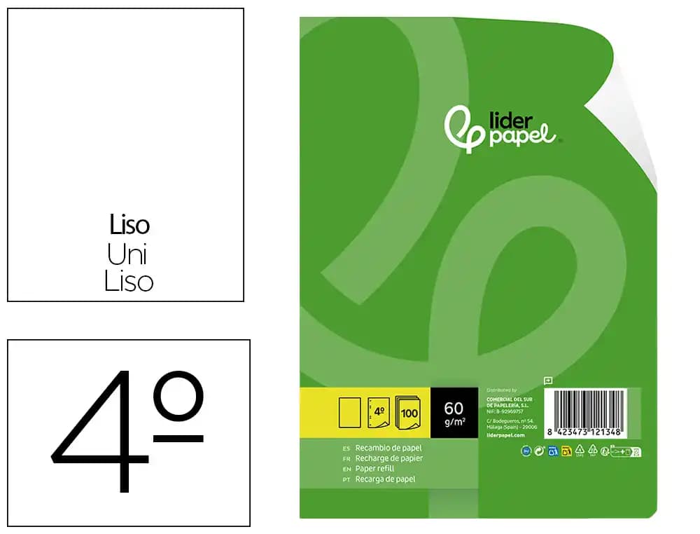 Liderpapel Recambio liderpapel cuarto 100 hojas 60gr liso sin margen 6 taladros