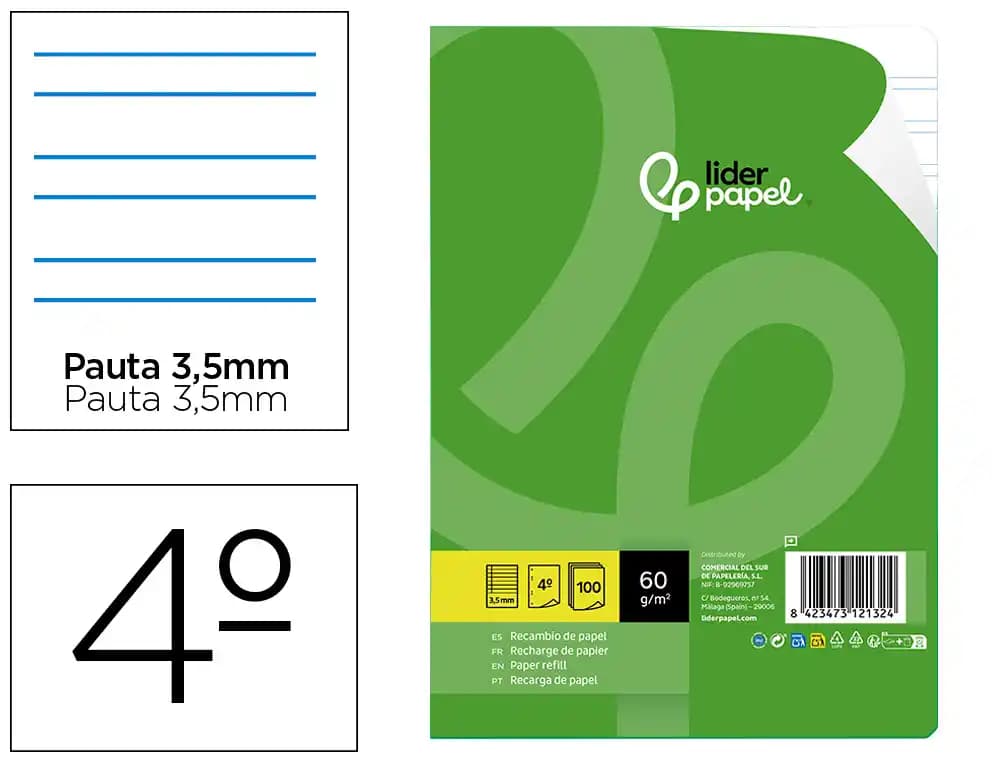 Liderpapel Recambio liderpapel cuarto 100 hojas 60gr pauta 4ª 3.5mm con margen 6 taladros