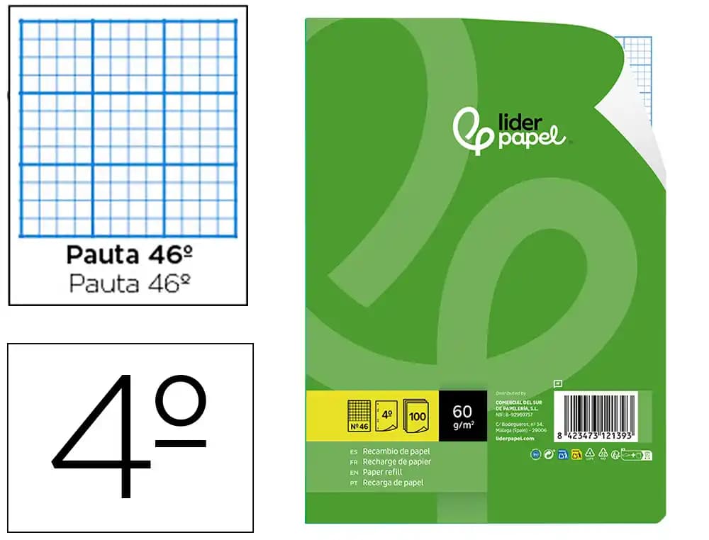 Liderpapel Recambio liderpapel cuarto 100 hojas 60gr rayado nº 46 6 taladros