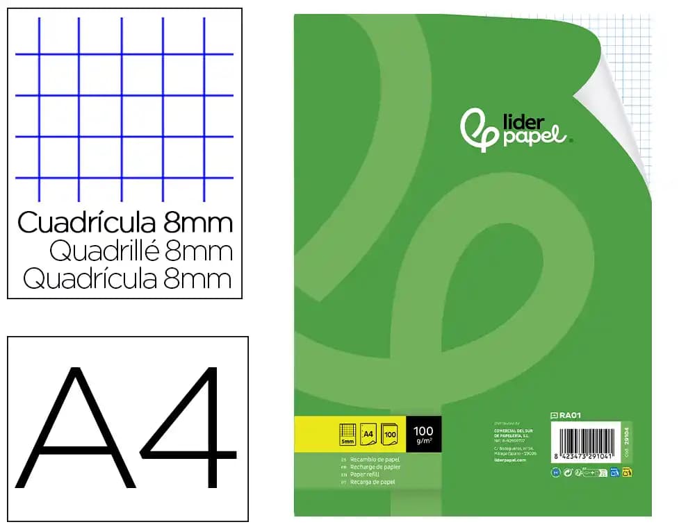 Liderpapel Recambio liderpapel a4 100 hojas 60gr cuadro 8mm con margen 4 taladros
