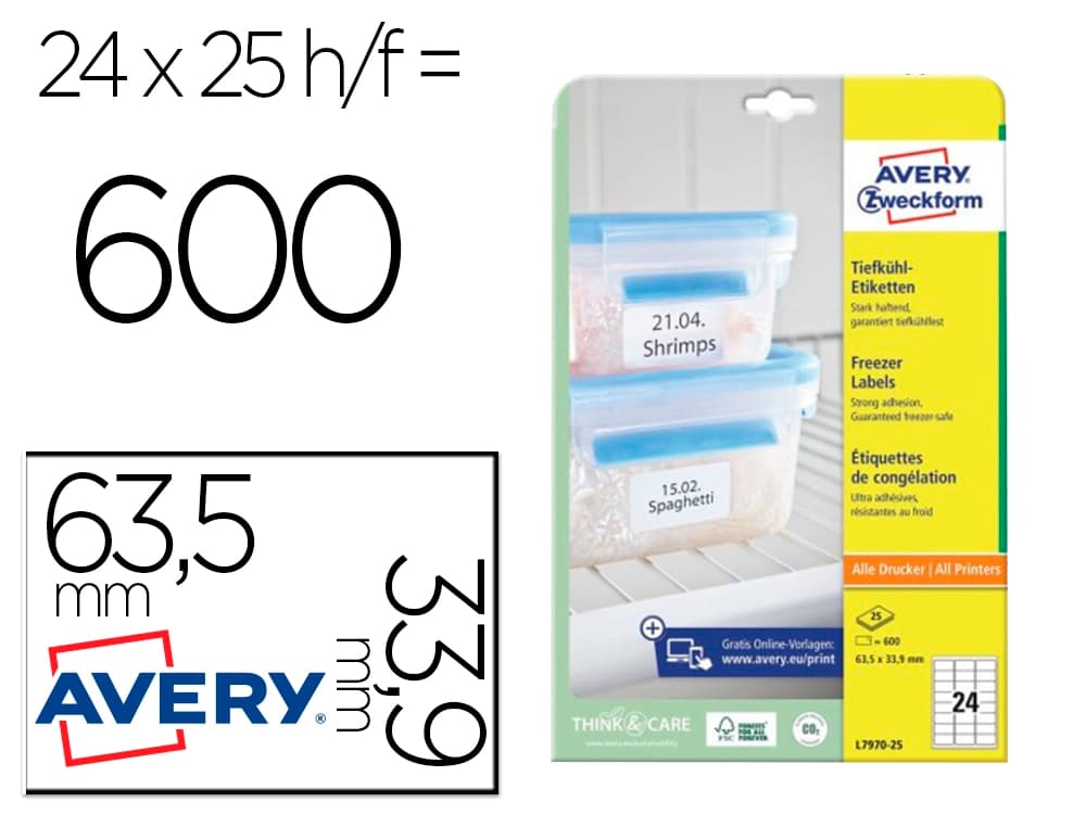 Avery Etiqueta adhesiva avery para congelador blanca 63,5x33,9 mm ink-jet laser fotocopiadorapack de 600 unidades