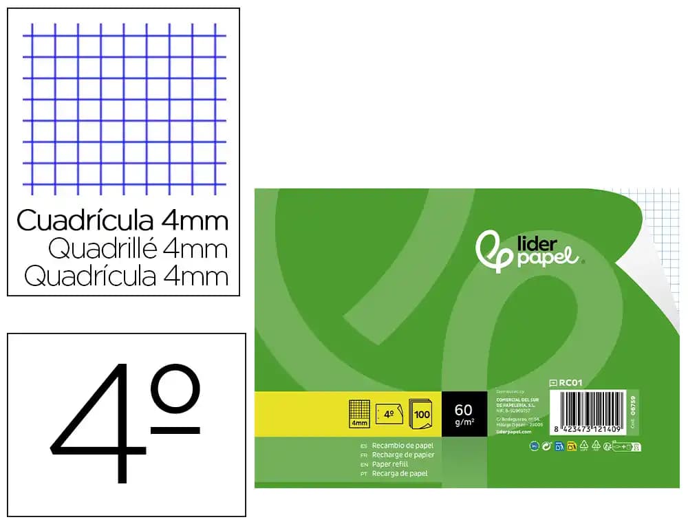 Liderpapel Recambio liderpapel cuarto apaisado 100 hojas 60gr cuadro 4 mm 2 taladros con margen