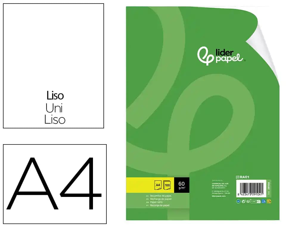 Liderpapel Recambio liderpapel a4 100 hojas 60gr liso sin margen 4 taladros