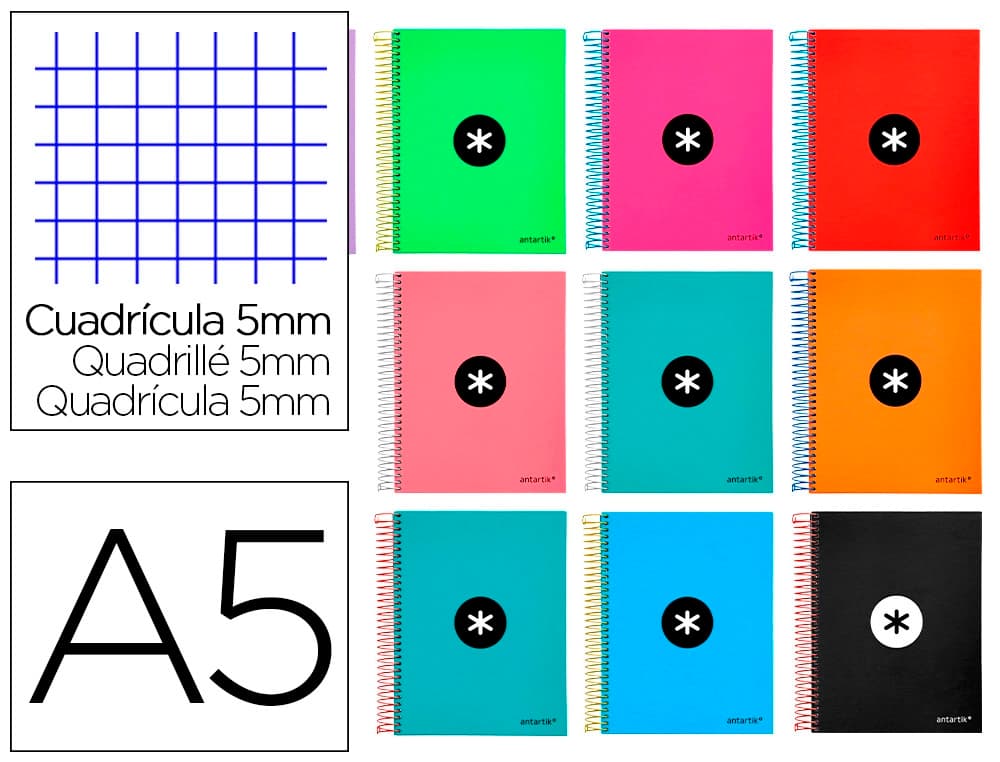 Antartik Cuaderno espiral a5 micro antartik tapa forrada120h 90gr cuadro 5mm 5 bandas 6 taladros colores surtidos
