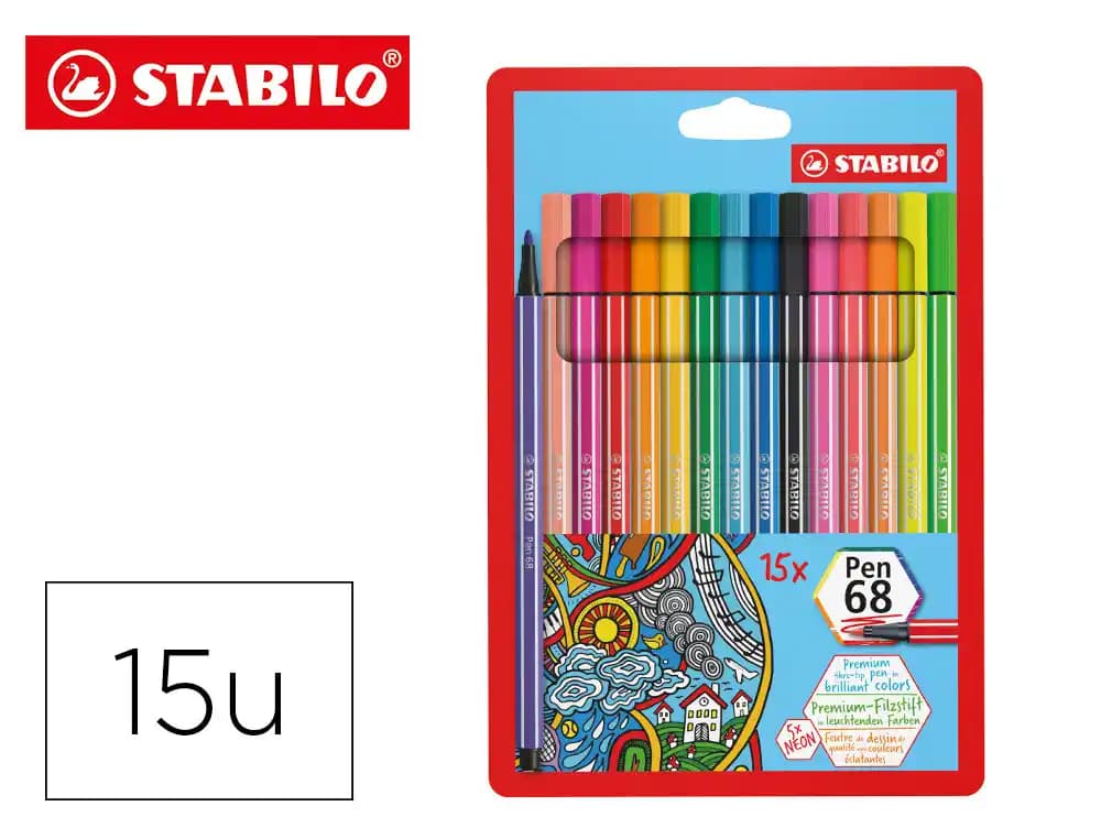 Stabilo Rotulador stabilo acuarelable pen 68 estuche de 10 colores estandar + 5 colores neon