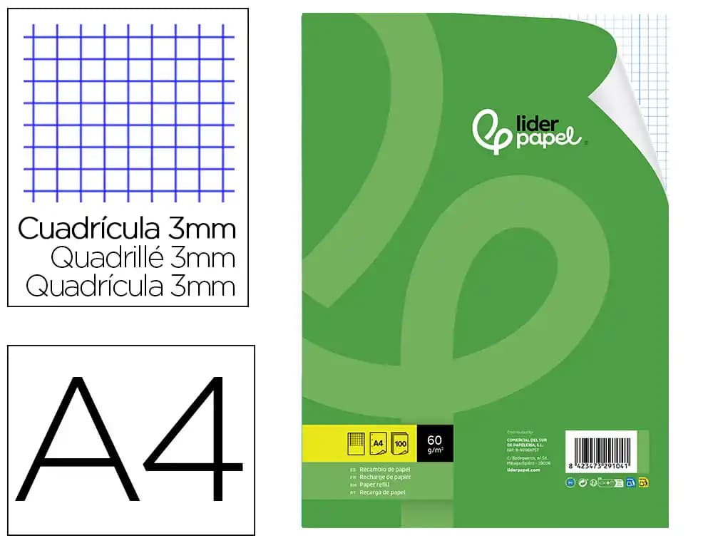 Liderpapel Recambio liderpapel a4 100 hojas 60gr cuadro 3 mm con margen 4 taladros