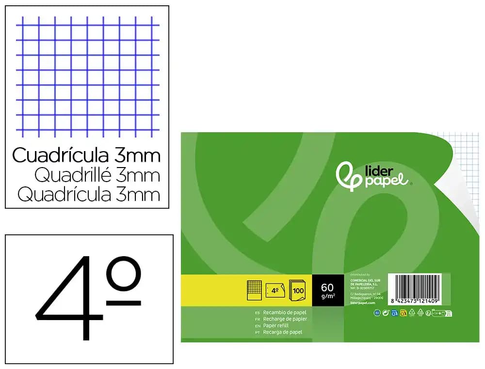 Liderpapel Recambio liderpapel cuarto apaisado 100 hojas 60gr cuadro 3 mm 2 taladros con margen