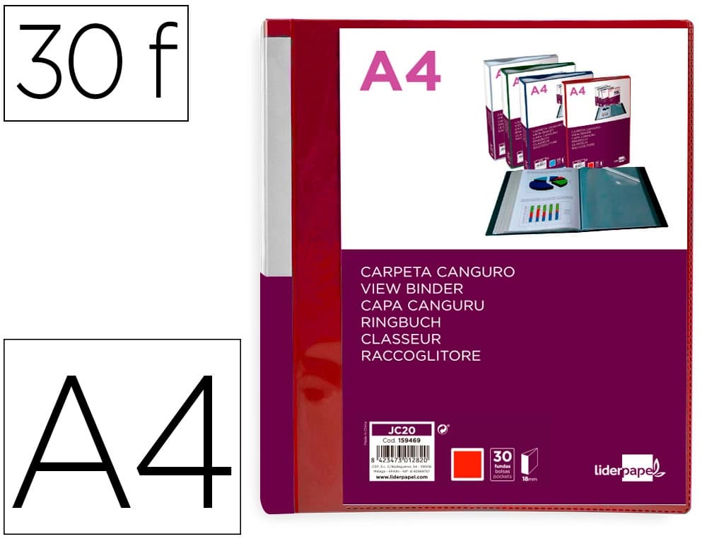 Carpeta liderpapel 30 fundas canguro pp din a4 translucido portada y lomo personalizable