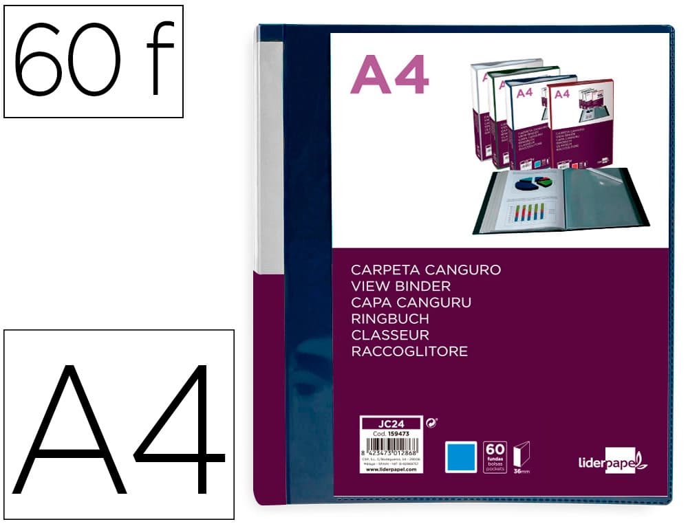 Carpeta liderpapel 60 fundas canguro pp din a4 translucido portada y lomo personalizable