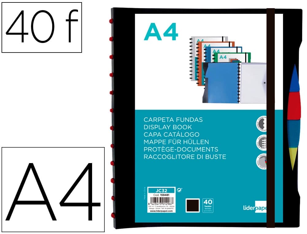 Carpeta liderpapel a4 con 40 fundas intercambiables 5 sep sobre y gomilla portada y lomo personalizable