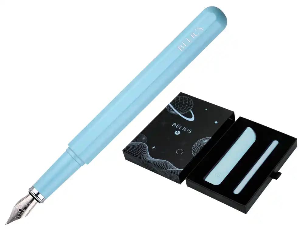 Pluma y funda de similpiel belius space b color minimalista tinta azul caja de diseño