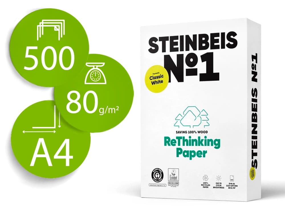 Papel fotocopiadora steinbeis n.1 100% reciclado 80 gramos paquete de 500 hojas