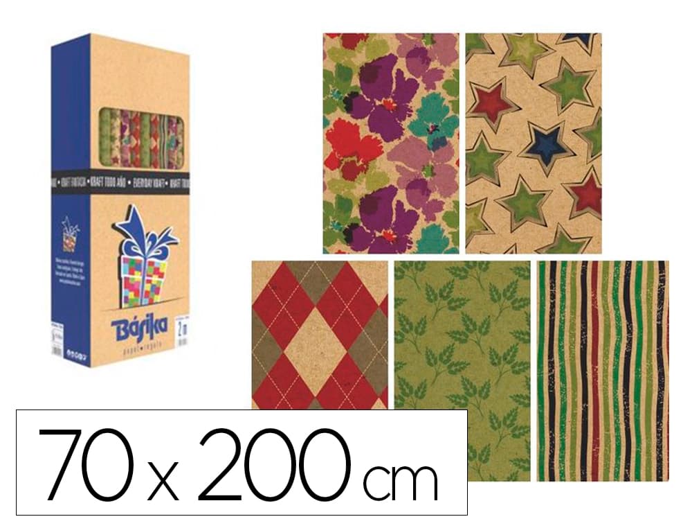 Papel de regalo basika kraft rollo ancho 70 cm longitud 2 m diseños surtidos gramaje 50 g