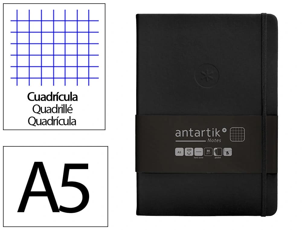 Cuaderno con gomilla antartik notes tapa dura a5 hojas cuadricula y 100 hojas 80 gr fsc