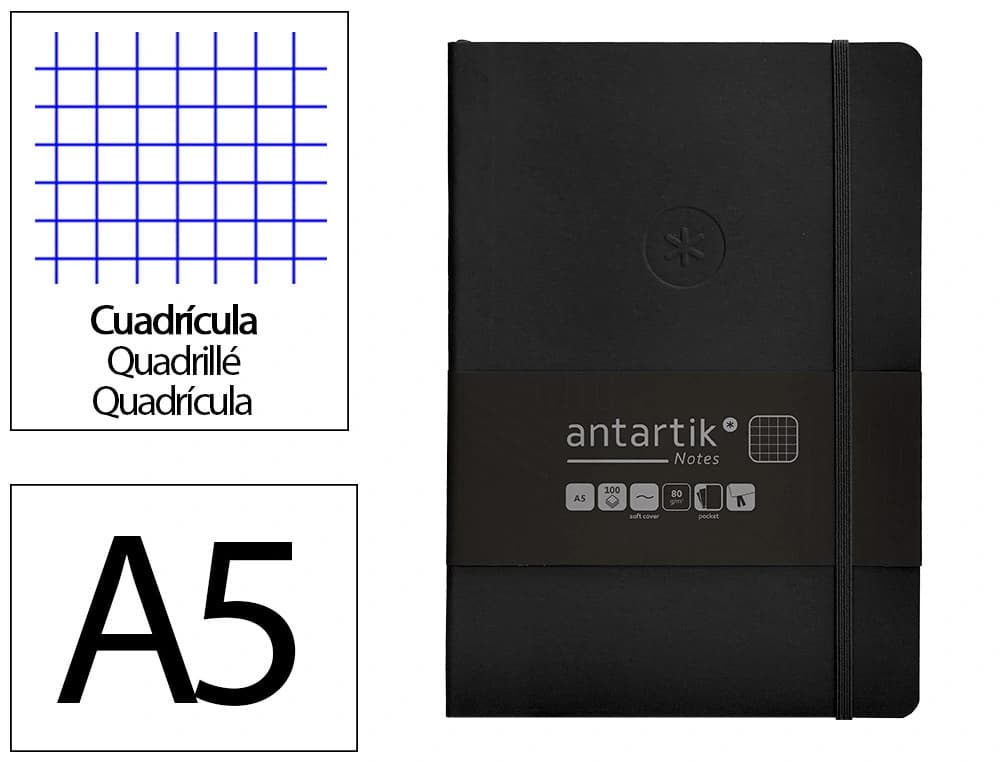 Cuaderno con gomilla antartik notes tapa blanda a5 hojas cuadricula y 80 hojas 80 gr fsc