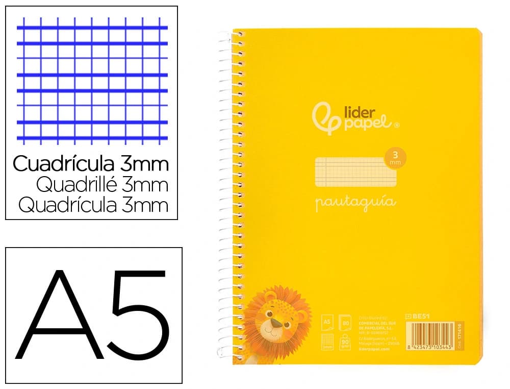 Cuaderno espiral liderpapel a5 pautaguia tapa plastico 80h 90gr cuadro pautado 3 mm con margen