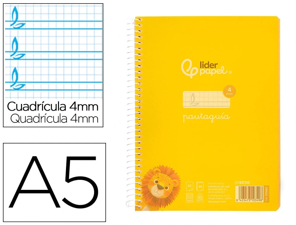 Cuaderno espiral liderpapel a5 pautaguia tapa plastico 80h 90gr cuadro pautado 4mm con margen