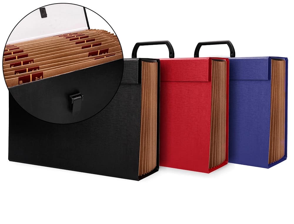 Maletin liderpapel con fuelle y asa carton forrado 19 departamentos 255x390x120 mm colores