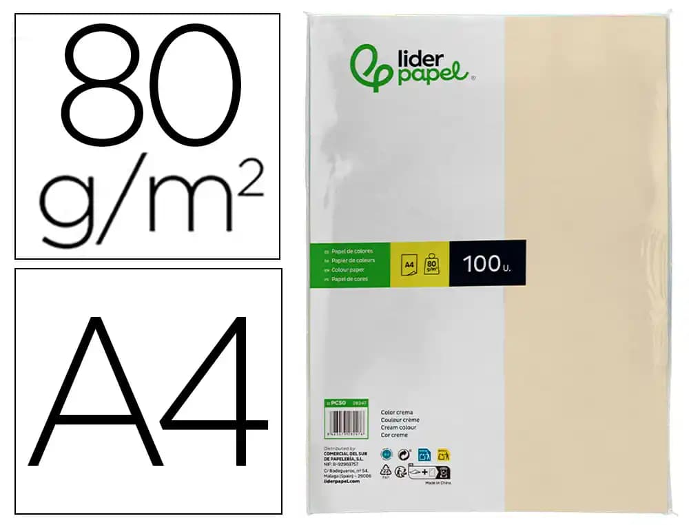 Papel color liderpapel a4 80gr paquete de 100 hojas