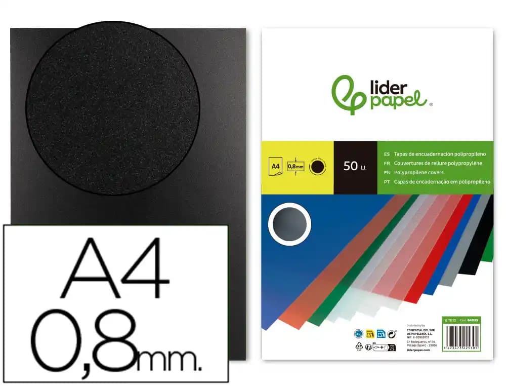 Tapa encuadernacion liderpapel polipropileno a4 0.8mm opaco paquete de 50 unidades