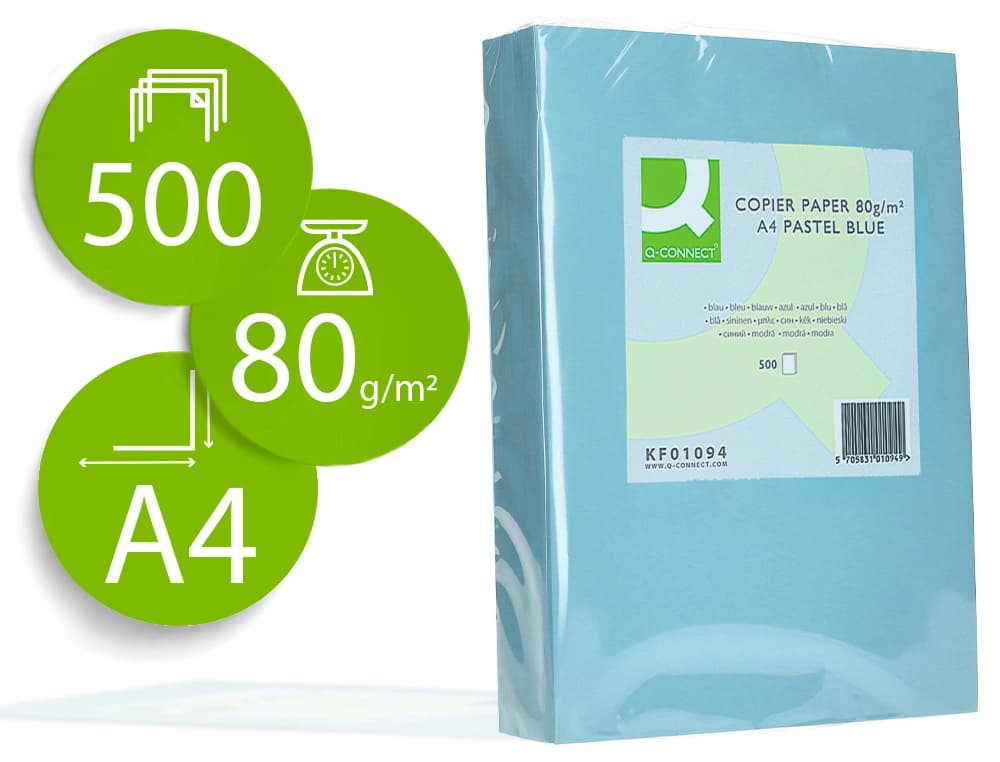 Papel color q-connect din a4 80gr paquete de 500 hojas