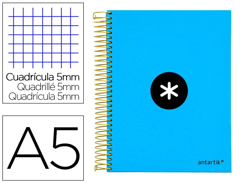 Cuaderno espiral a5 micro antartik tapa forrada120h 90 gr cuadro 5mm 5 bandas6 taladros