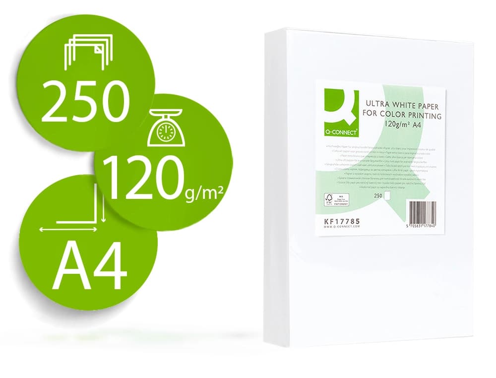 Papel fotocopiadora q-connect ultra white 120 gramos paquete de 250 hojas
