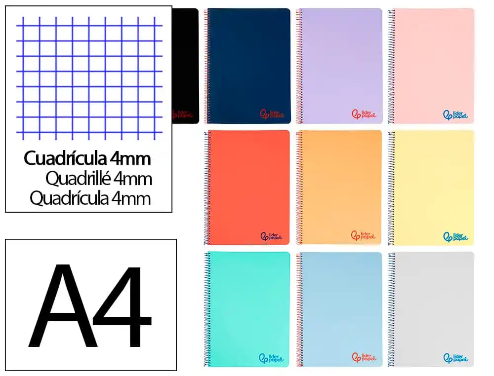 Cuaderno espiral liderpapel a4 wonder tapa plastico 80h 90gr cuadro 4mm con margen colores