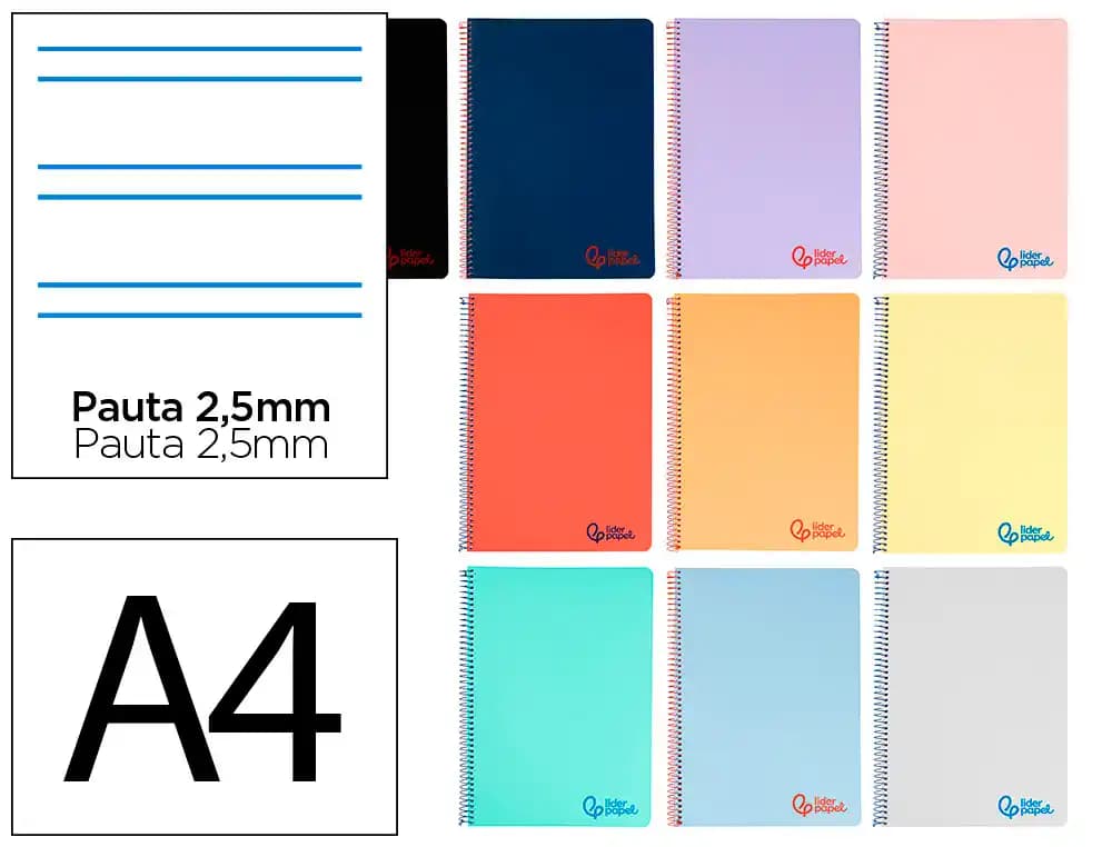 Cuaderno espiral liderpapel a4 wonder tapa plastico 80h 90gr pauta estrecha 2,5mm con margen colores