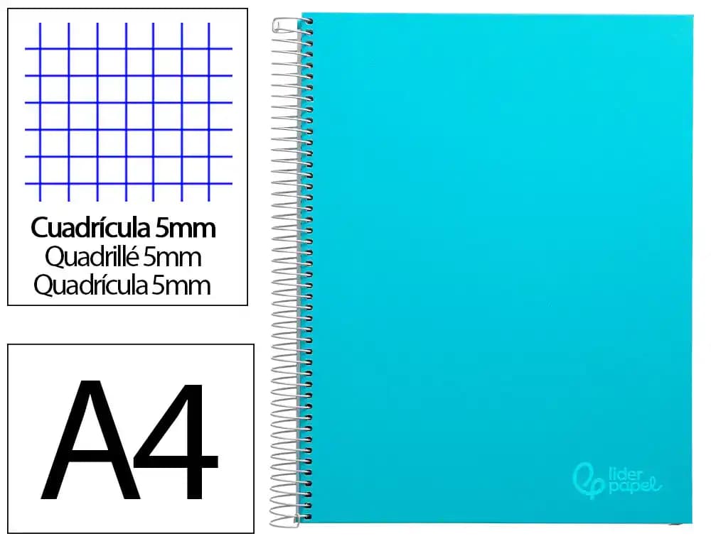 Cuaderno espiral liderpapel a4 micro jolly tapa forrada 140h 75gr cuadro 5mm 5 bandas 4 taladros colores