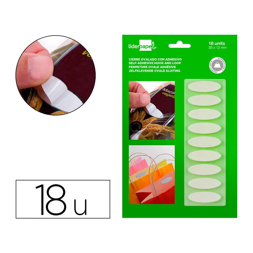 Liderpapel Velcro autoadhesivo ovalado liderpapel blanco 35x12 mm blister de 18 unidades