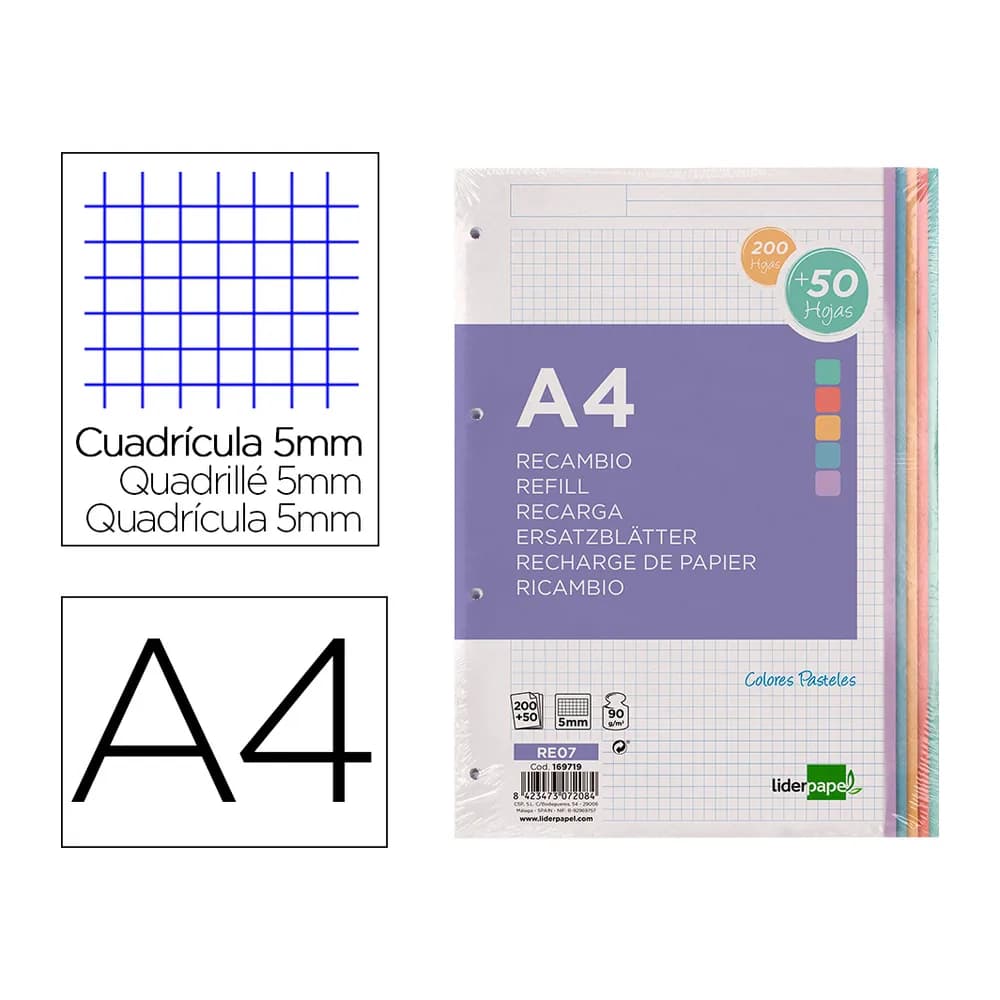 Liderpapel Recambio liderpapel a4 200+50 hojas 90gr cuadro 5mm 4 taladros bandas de 5 colores