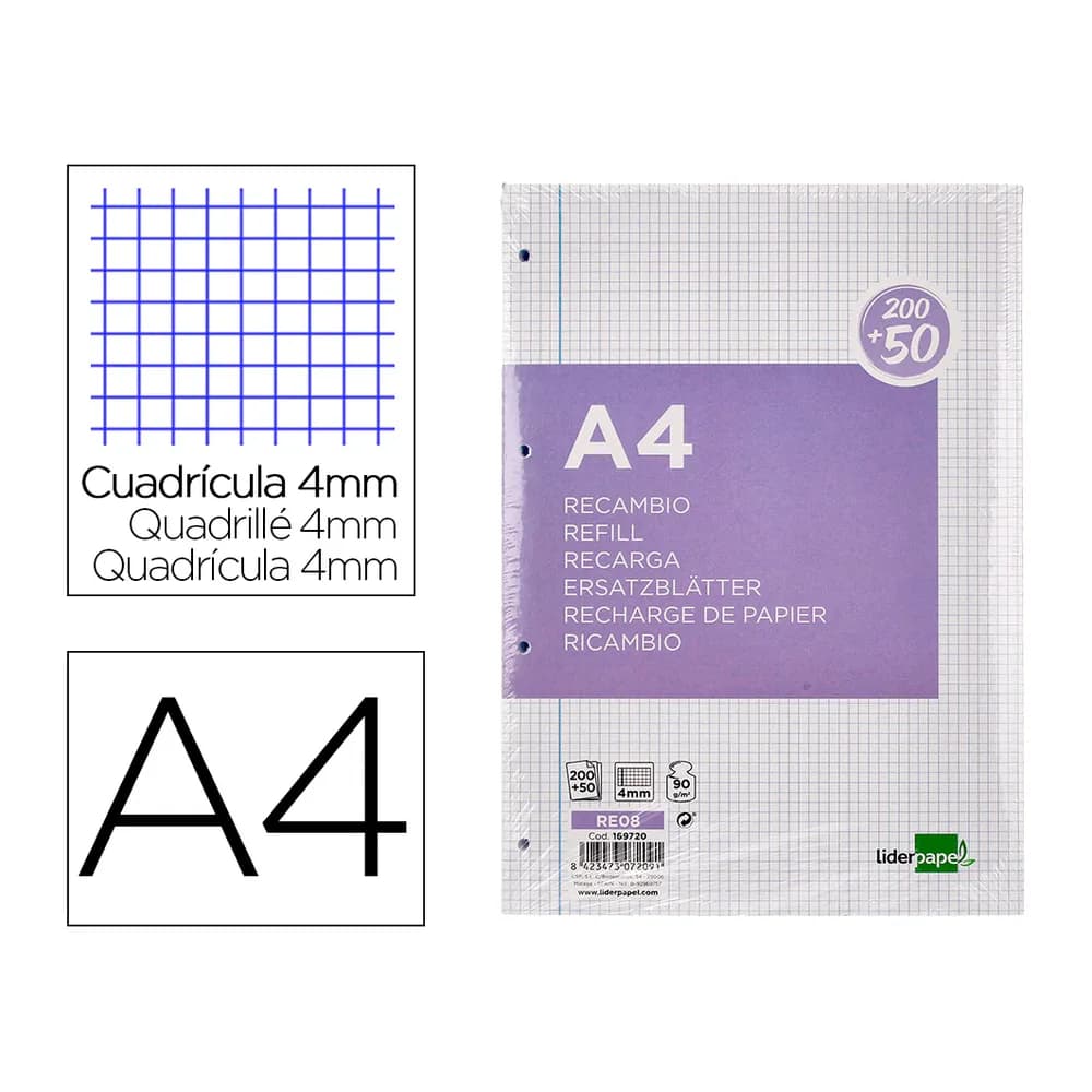 Liderpapel Recambio liderpapel a4 200+50 hojas 90gr cuadro 4mm con margen 4 taladros