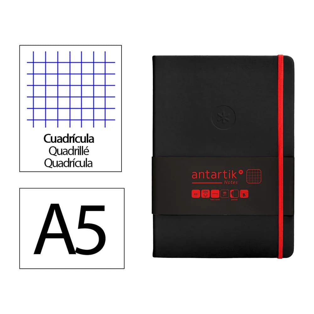Antartik Cuaderno con gomilla antartik notes tapa dura a5 hojas cuadricula y rojo 100 hojas 80 gr fsc