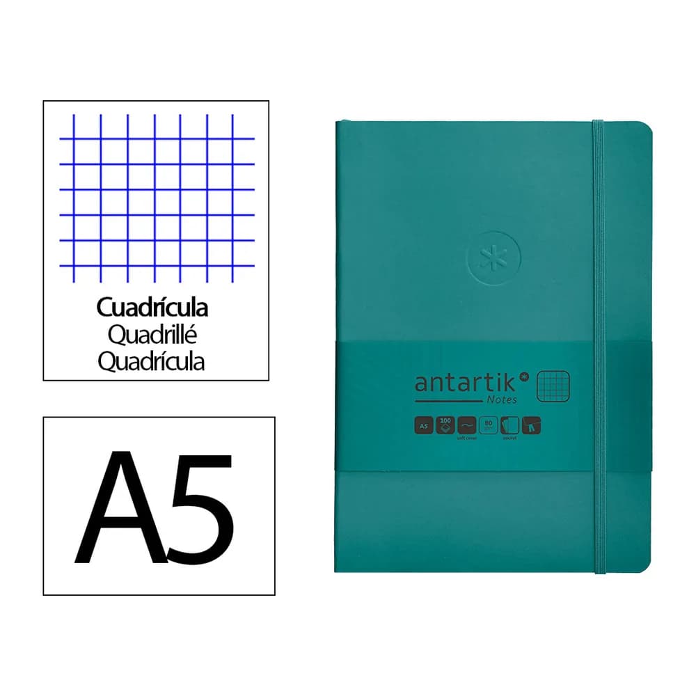 Antartik Cuaderno con gomilla antartik notes tapa blanda a5 hojas cuadricula verde aguamarina 80 hojas 80 gr fsc