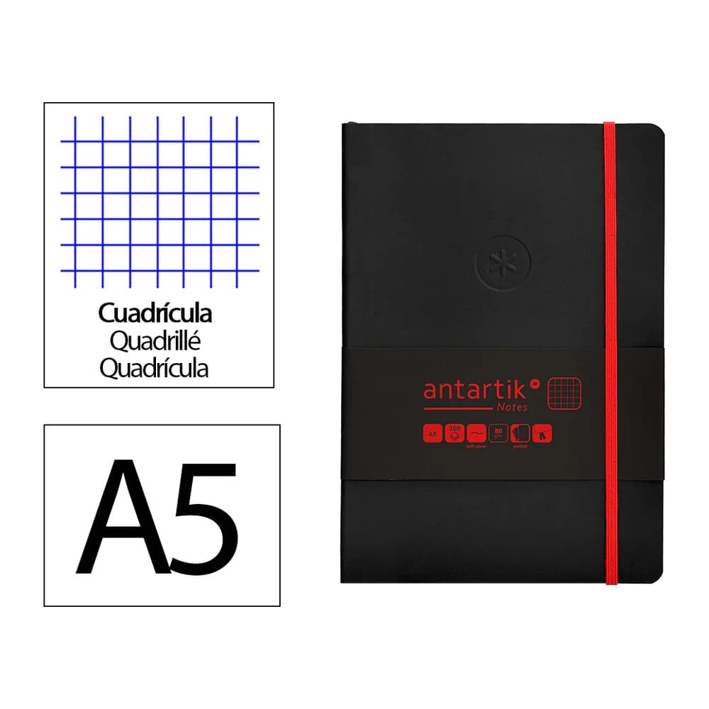 Antartik Cuaderno con gomilla antartik notes tapa blanda a5 hojas cuadricula y rojo 80 hojas 80 gr fsc