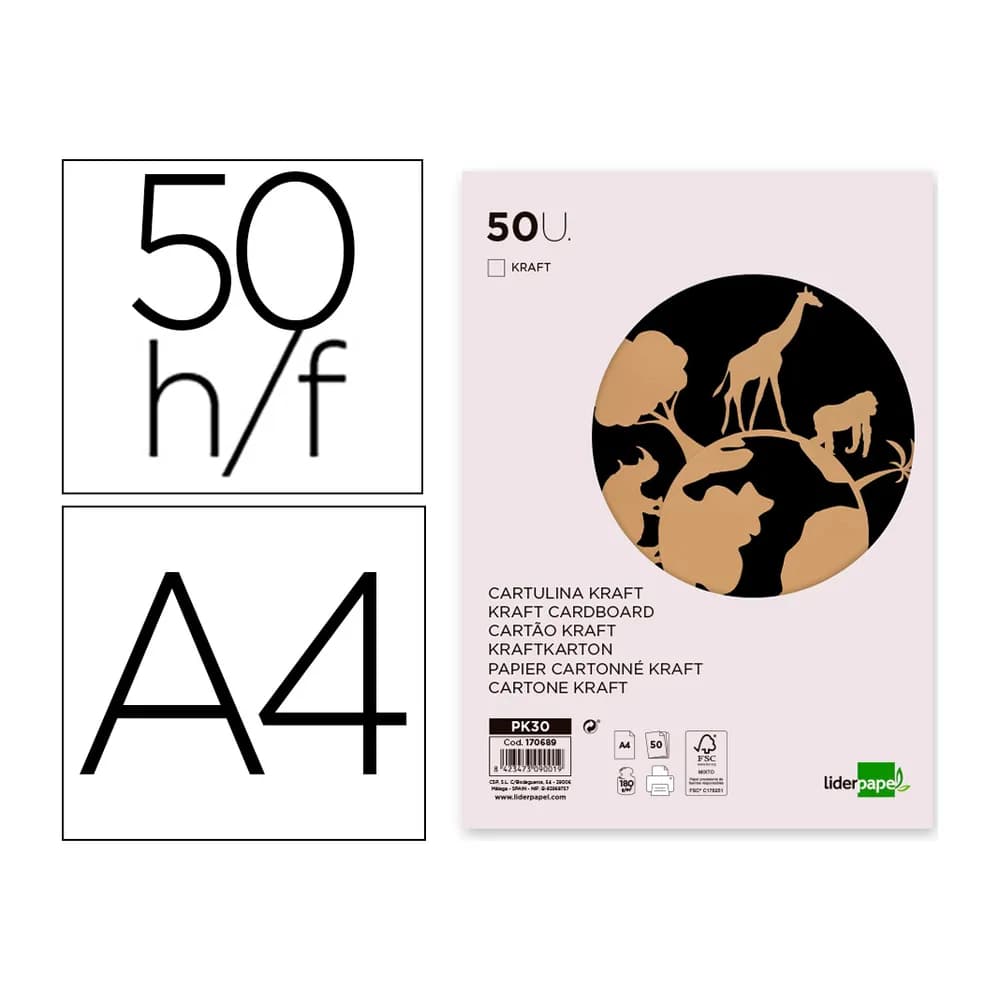 Liderpapel Cartulina kraft liderpapel a4 180g/m2 paquete de 50 hojas