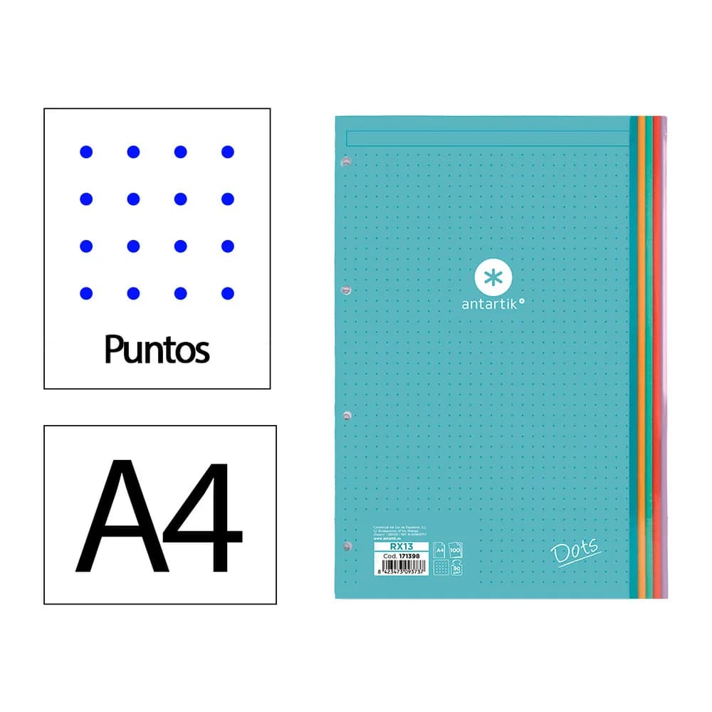 Antartik Recambio antartik a4 100 hojas 90gr puntos dots 4 taladros bandas de 5 colores