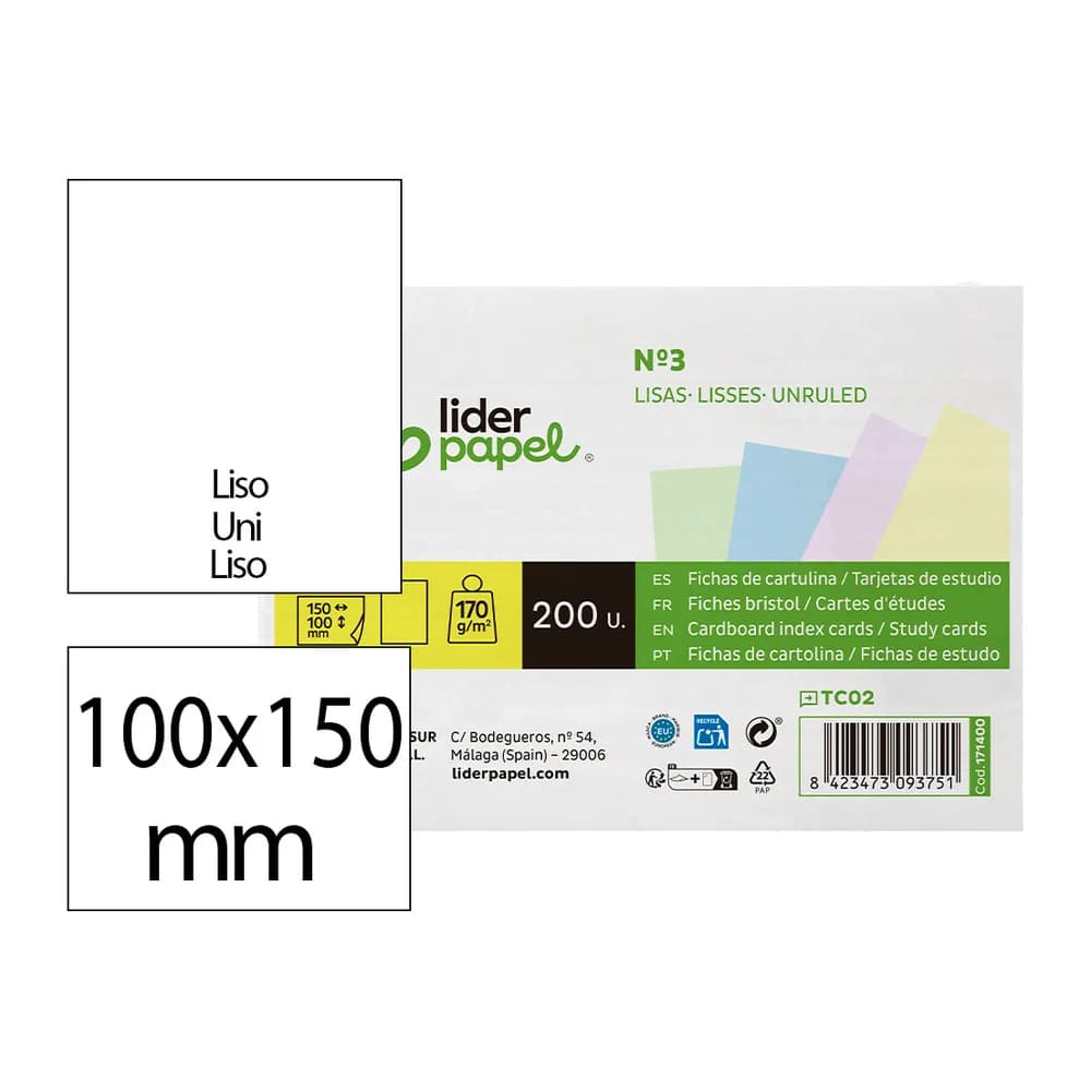 Liderpapel Tarjeta liderpapel para estudiar lisa cartulina de colores 170gr 100x150mm paquete de 200 unidades
