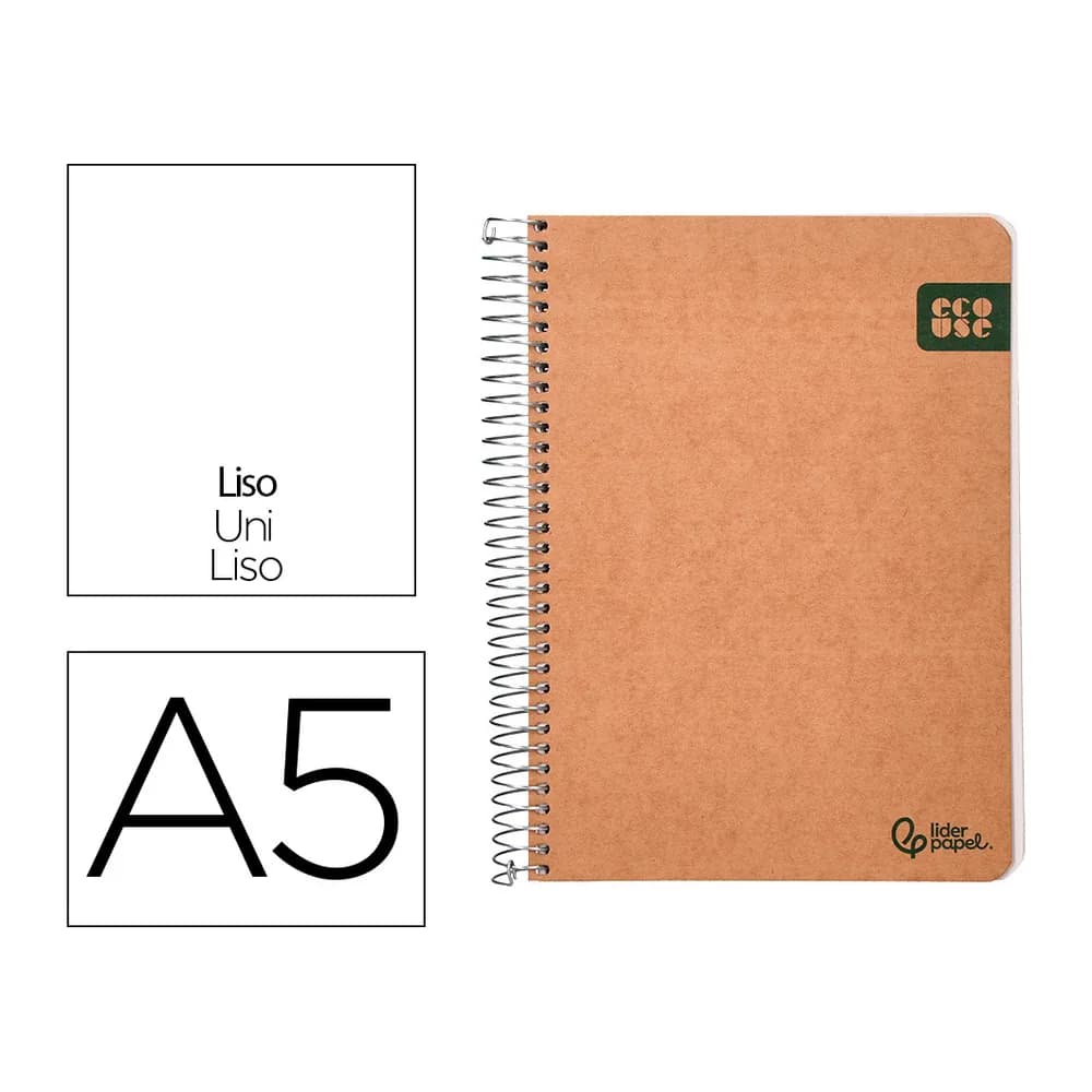 Liderpapel Cuaderno espiral liderpapel din a5 ecouse tapa cartulina kraft contracolada 120h papel 100% reciclado 80gr liso
