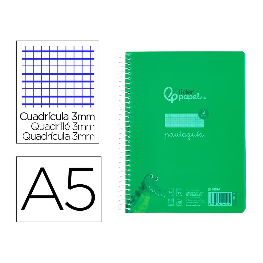Liderpapel Cuaderno espiral liderpapel a5 pautaguia tapa plastico 80h 90gr cuadro pautado 3 mm con margen