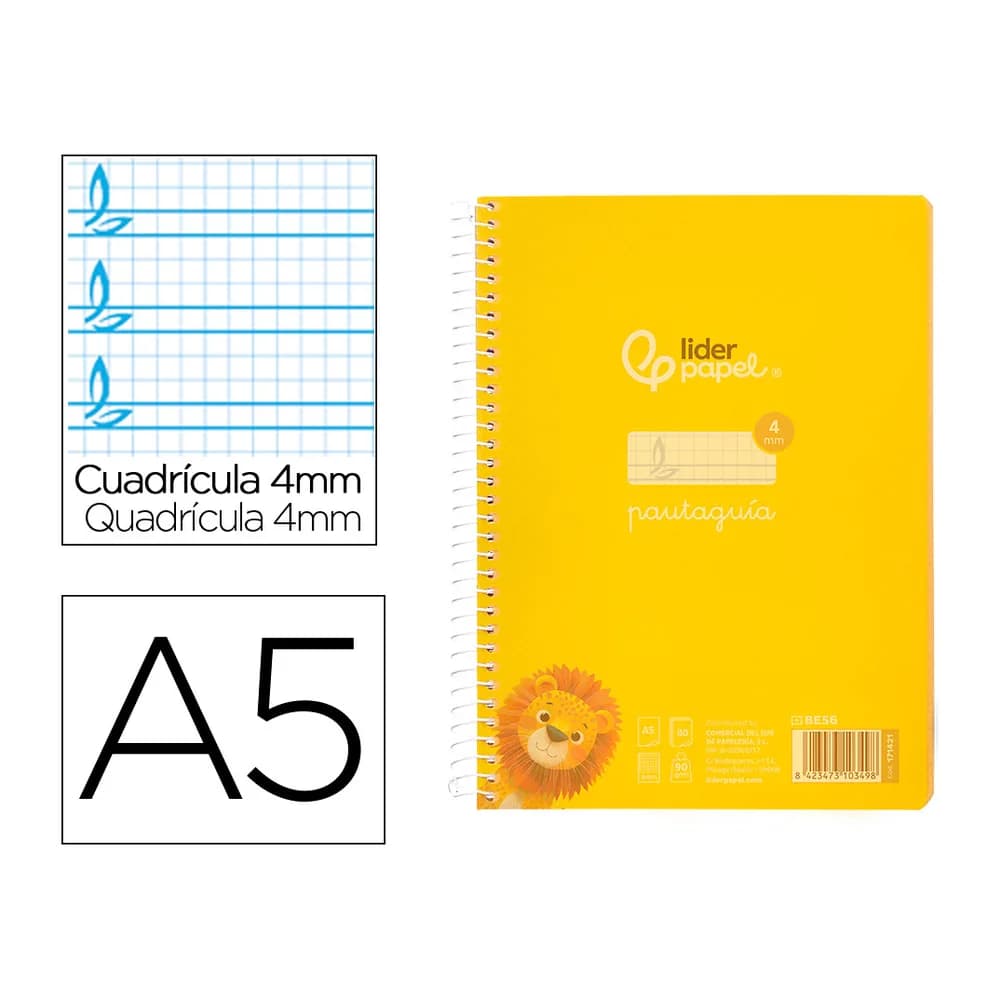 Liderpapel Cuaderno espiral liderpapel a5 pautaguia tapa plastico 80h 90gr cuadro pautado 4mm con margen